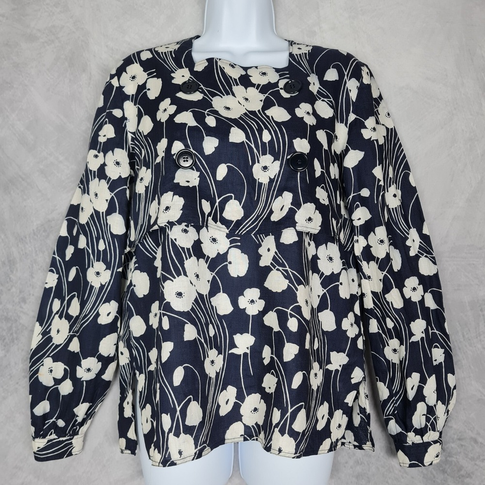 Vintage Valentino Top Womens 42 / US 6 Blue Floral Linen Relaxed Romantic